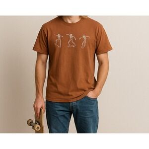 Y2K Rust Brown Skater Skeleton Graphic Tee L Vintage Grunge Streetwear Halloween